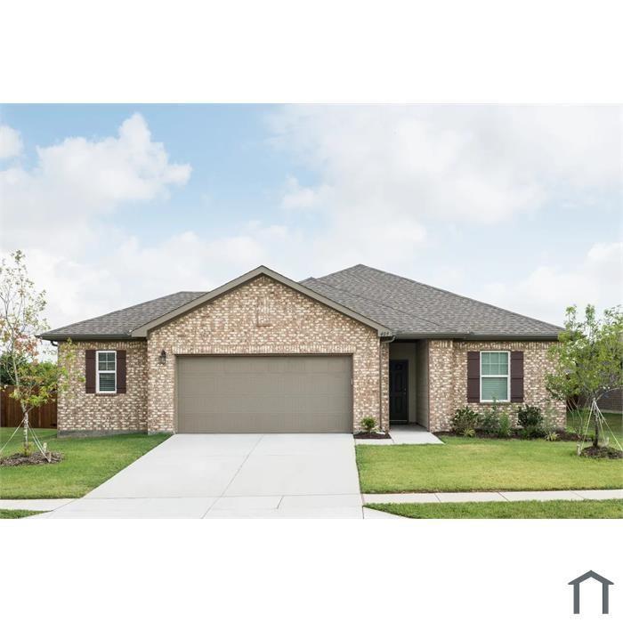 Single-story brick exterior featuring a hip roof, two-car garage, concrete driveway, and window shutters Single-story brick exterior featuring a hip roof, two-car garage, concrete driveway, and window shutters
