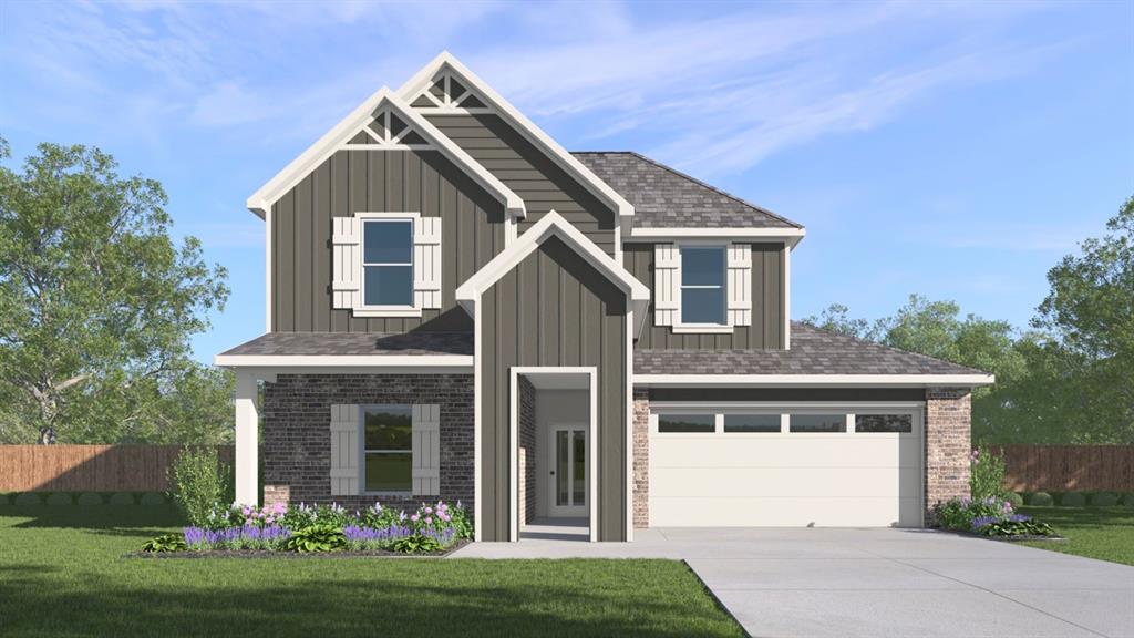 Two-story residence featuring a combination of vertical board-and-batten siding and brick masonry, a covered front entry, multi-pane shutter accents, and an attached two-car garage Two-story residence featuring a combination of vertical board-and-batten siding and brick masonry, a covered front entry, multi-pane shutter accents, and an attached two-car garage