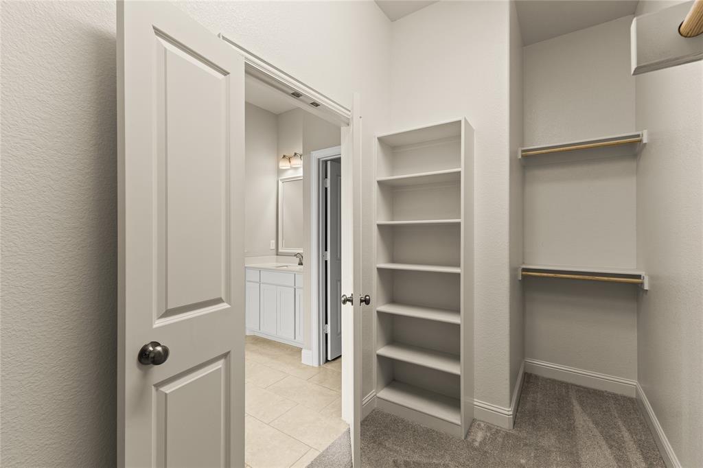 Walk-in storage space featuring built-in shelving, dual-tier clothes rods, and carpeted flooring