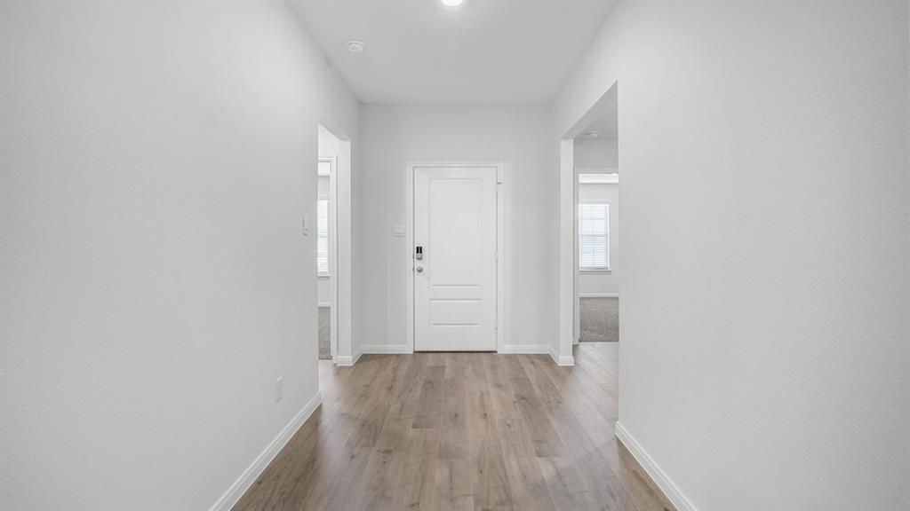Bright entryway featuring wood-finish flooring, white trim, and a white paneled door with modern hardware