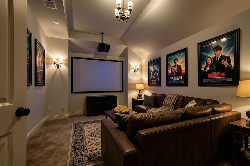 Dedicated media room comcept space featuring a vaulted ceiling, recessed projector mounting, wall-mounted screen, and decorative sconce lighting