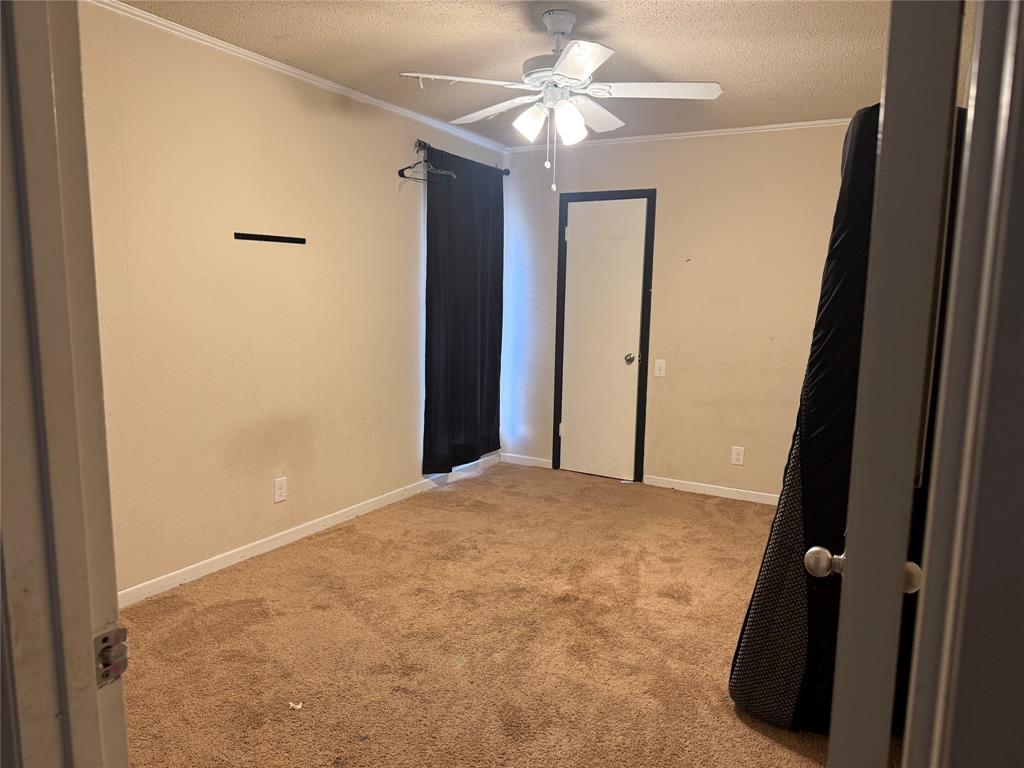 Room featuring neutral-toned carpeting, a ceiling-mounted light fixture with a central fan, and a single-panel interior door
