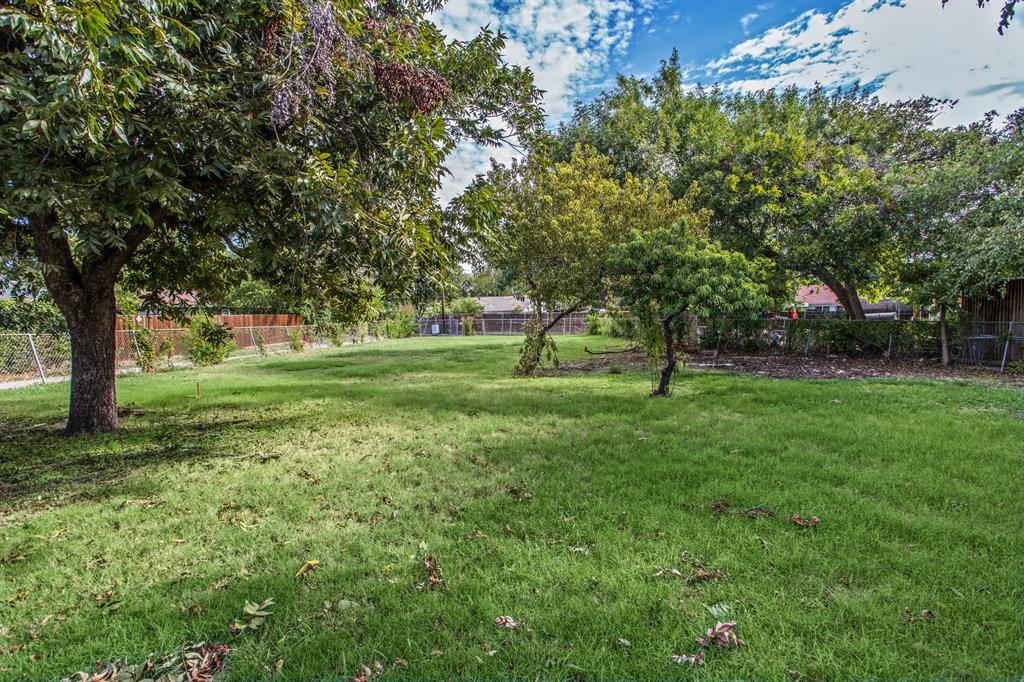 Expansive backyard featuring a manicured lawn, perimeter fencing, and mature trees