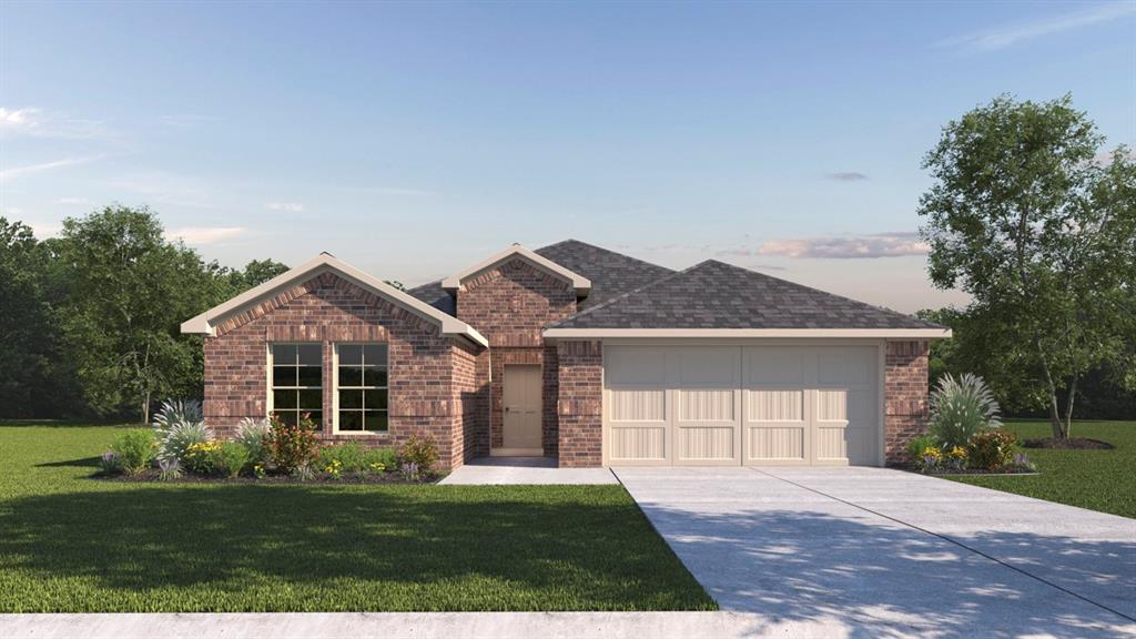 Single-story brick exterior with a multi-gabled roofline, two-car garage, and concrete driveway