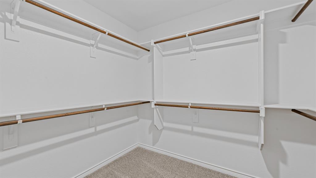 Walk-in closet featuring carpet flooring, built-in shelving, and multiple hanging rods