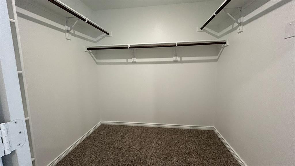 Walk-in closet featuring neutral carpeting and built-in shelving with multiple hanging rods