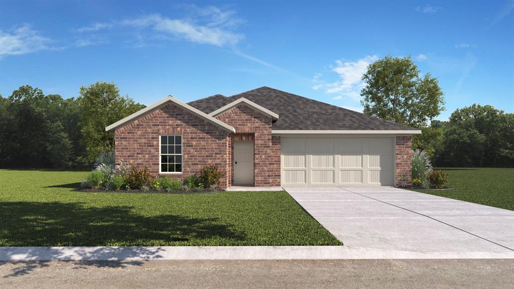 Single-story brick exterior featuring a hip roof, multi-panel garage door, and concrete driveway