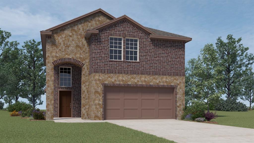 Two-story exterior with a stone and brick facade, arched entry, two-car garage, and a concrete driveway