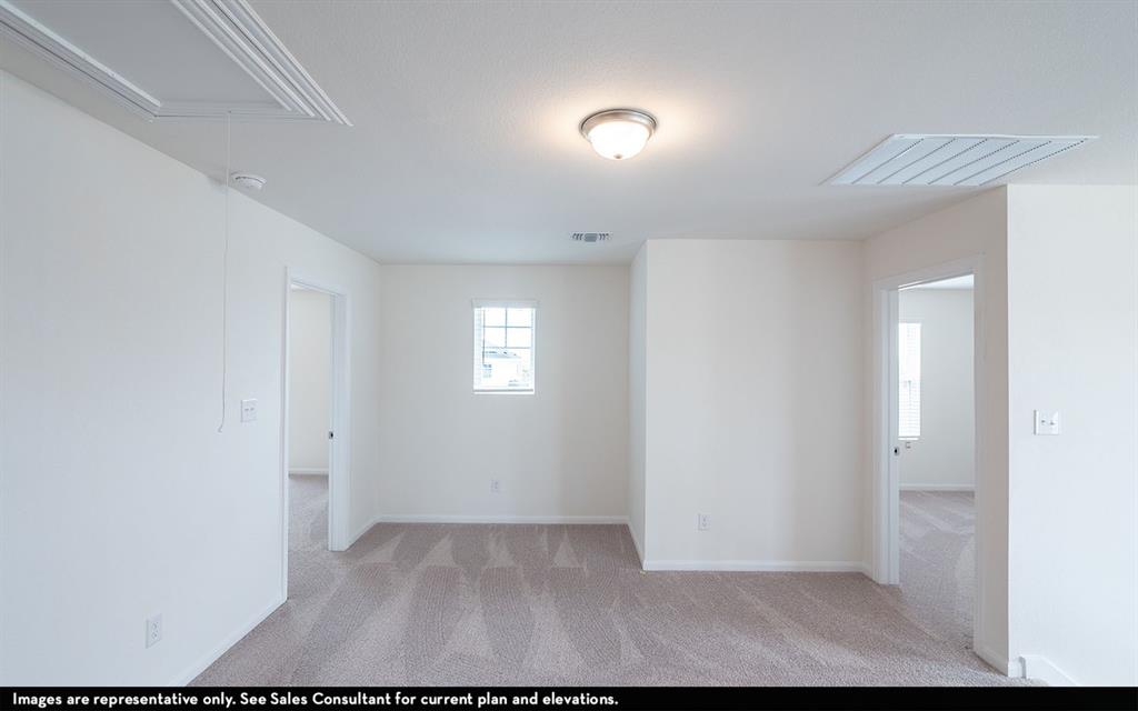 Neutral-toned wall-to-wall carpeting, flush-mount lighting fixture, and a single-pane grid window