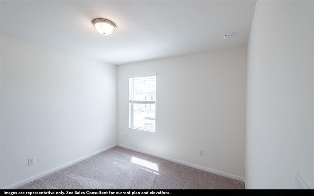 Neutral-toned interior space featuring plush carpeting, a single-pane window with white blinds, and a flush-mount dome light fixture