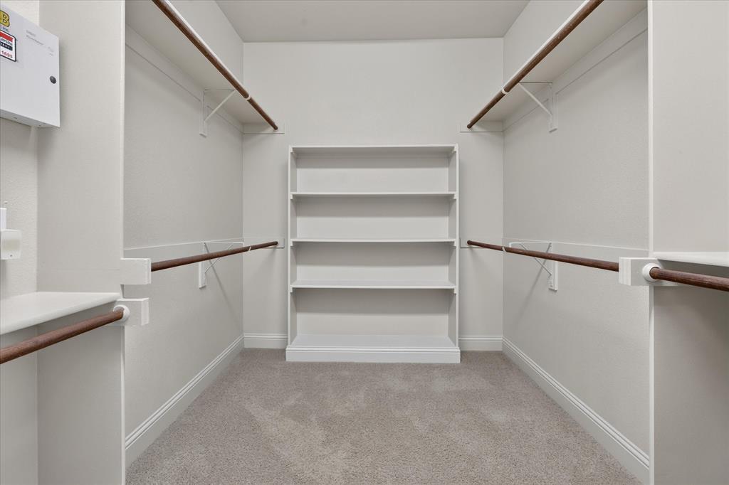 Walk-in closet featuring wall-to-wall carpeting, tiered built-in shelving, and dual-level hanging rods