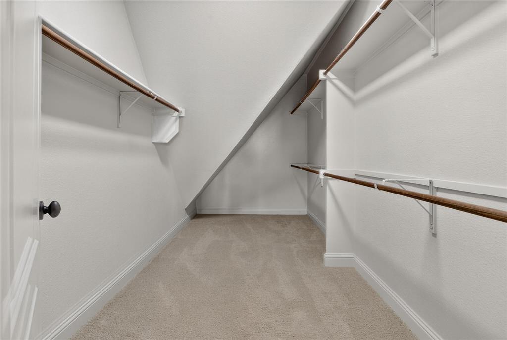 Storage closet featuring neutral carpeting, multi-level shelving, and wood-finish clothing rods