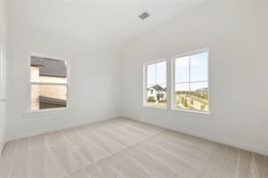 Vaulted ceilings with neutral-toned carpeting and abundant natural light from multi-pane windows