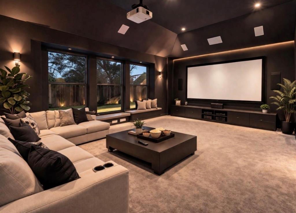 Media room featuring a recessed projection screen, custom built-in cabinetry, integrated ceiling speakers, and built-in window seating