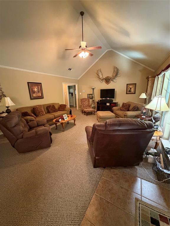 Vaulted ceilings featuring a central ceiling fan and neutral wall color palette