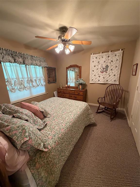 Bedroom featuring neutral-toned walls, textured wall-to-wall carpeting, and a multi-blade ceiling fan with integrated glass lighting