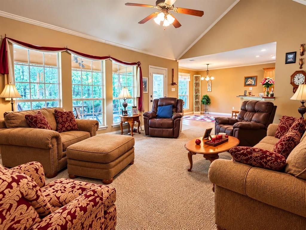 Vaulted ceilings, large grid windows, and an overhead ceiling fan, featuring a neutral carpet finish