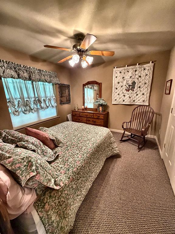 Room featuring wall-to-wall carpeting, ceiling fan with integrated lighting, and multiple windows