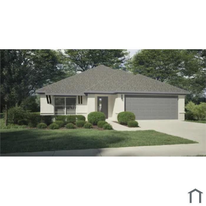Single-story exterior featuring a light-colored stucco facade, a multi-hip roof, an attached two-car garage, and manicured shrubbery Single-story exterior featuring a light-colored stucco facade, a multi-hip roof, an attached two-car garage, and manicured shrubbery