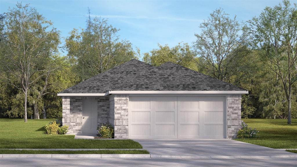 Exterior featuring light-toned masonry, a hipped roof with asphalt shingles, a two-car garage with paneled doors, and a concrete driveway