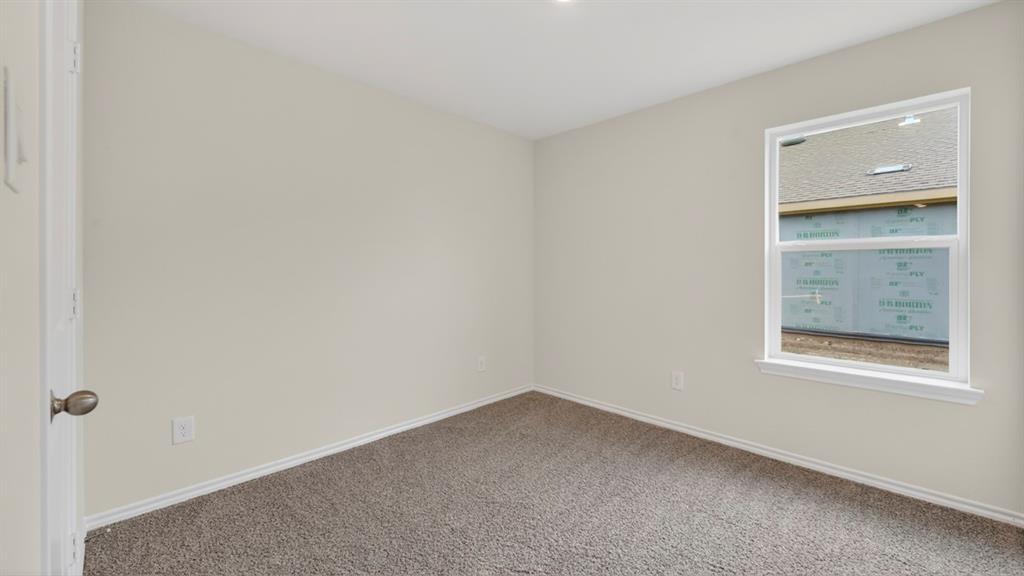 Neutral wall paint, plush carpet flooring, recessed ceiling lighting, and a single window