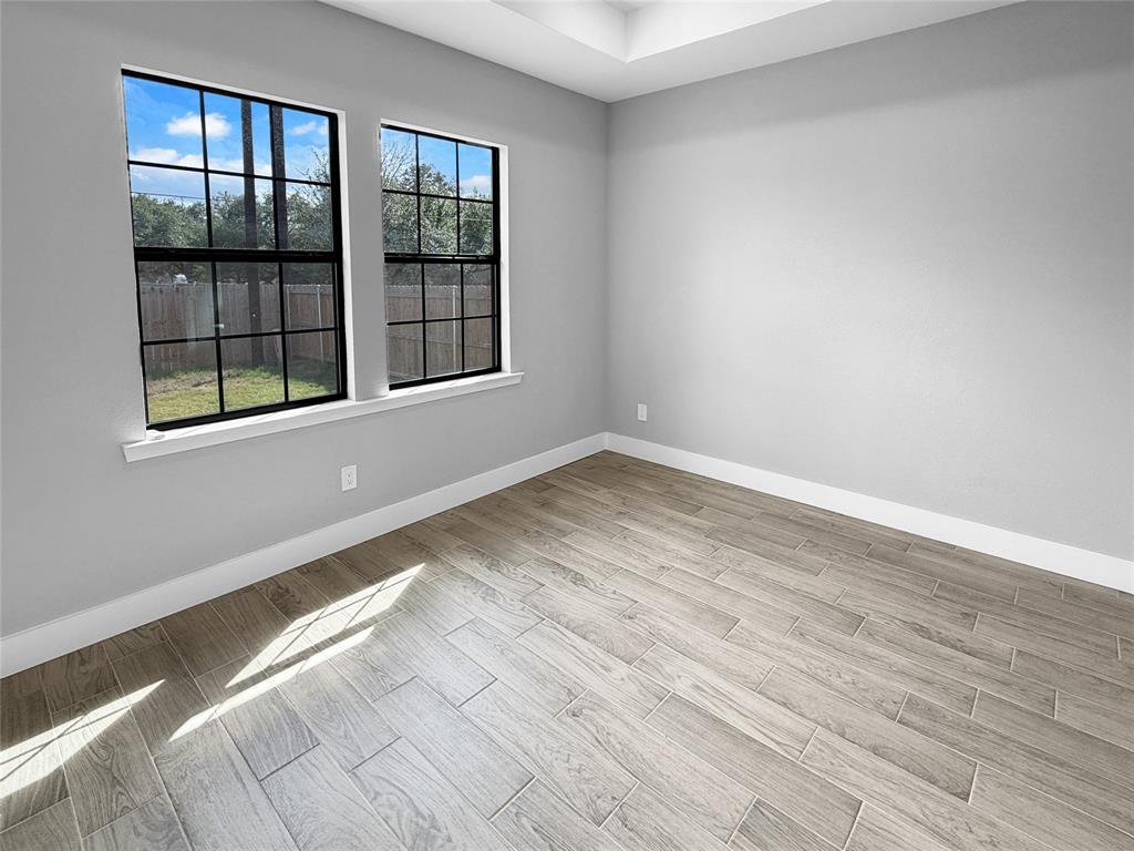 Neutral interior room featuring wood-finish tile flooring, tray ceiling, and dual windows with black frames