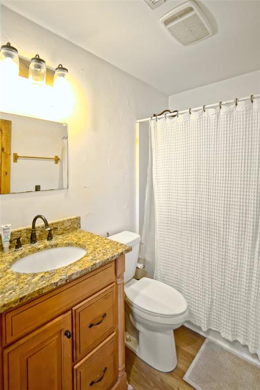 Vanity with stone countertop, undermount sink, multi-light fixture, and wood-finish cabinetry