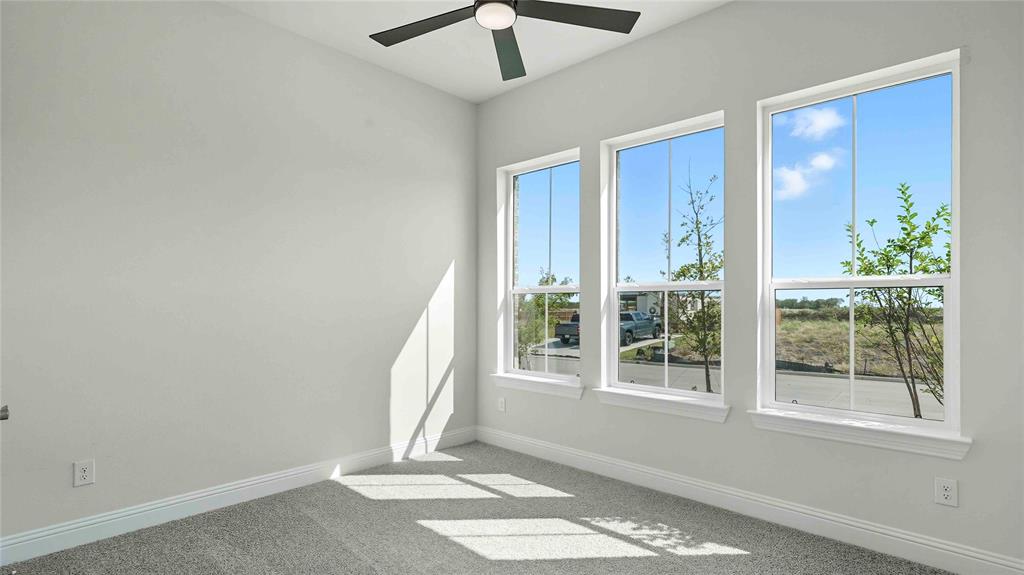 Neutral-toned interior featuring three double-hung windows, wall-to-wall carpeting, and a central ceiling fan with integrated light fixture