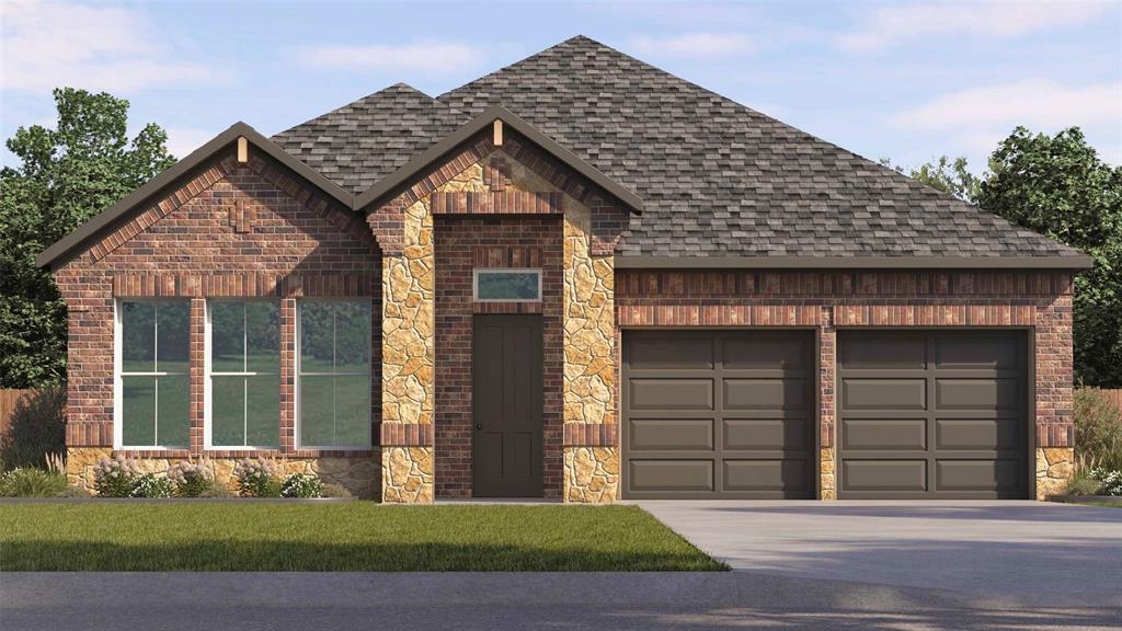 Multi-gabled brick and stone exterior featuring a composite shingle roof, transom window above the entry, and a two-car garage Multi-gabled brick and stone exterior featuring a composite shingle roof, transom window above the entry, and a two-car garage