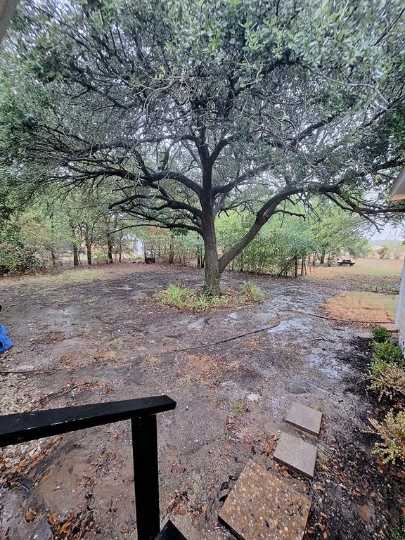 Expansive backyard featuring mature hardwood trees, natural stone patio, and perimeter fencing