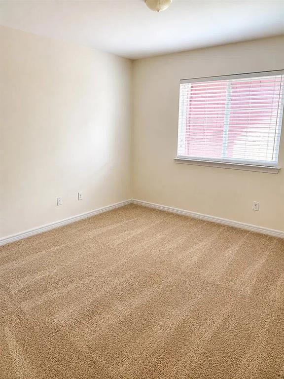 Neutral-toned interior room featuring wall-to-wall carpeting, window blinds, and a flush-mount ceiling light fixture
