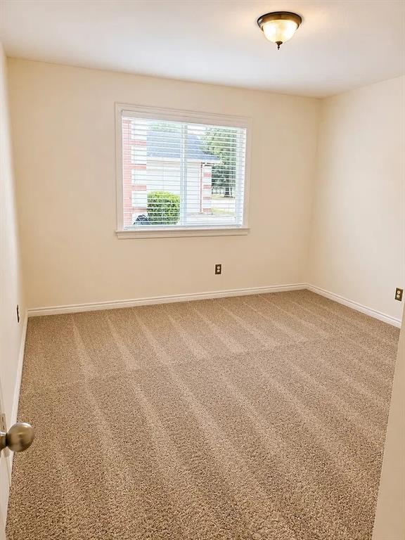 Neutral-toned interior space featuring textured wall-to-wall carpeting, a single-pane window with horizontal blinds, and a semi-flush mount ceiling fixture