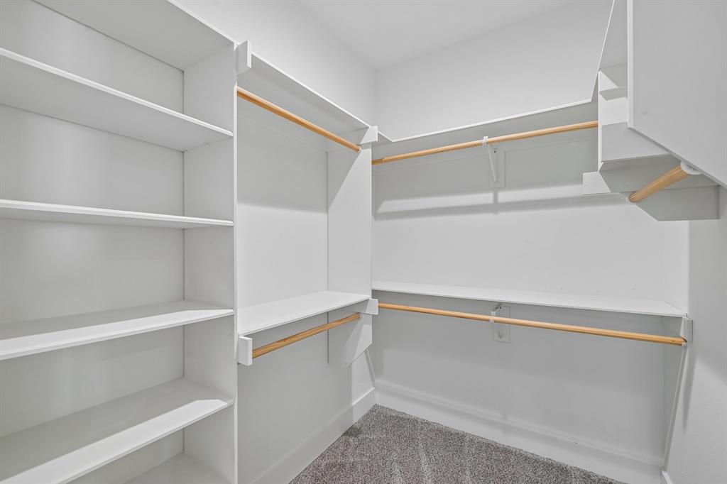 Walk-in closet featuring white built-in shelving, wooden garment rods, and carpeted flooring