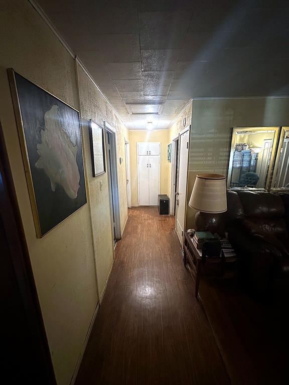 Hallway featuring wood-finish flooring, ceiling-mounted lighting, and built-in floor-to-ceiling cabinetry
