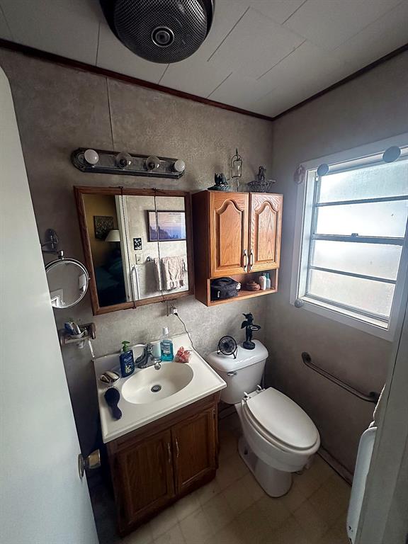Bathroom featuring a wood-toned vanity with an integrated basin, matching wall-mounted storage cabinet, multi-bulb vanity lighting, and wall-mounted grab bars