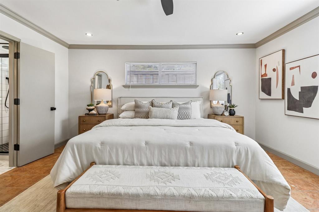 Recessed lighting, crown molding, and wood-finish flooring