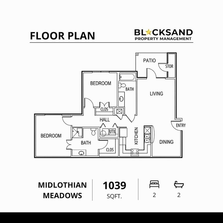 Midlothian Meadows B1 plan: 2 bedrooms, 2 baths, approximately 1,039 square feet. Layout illustration; verify exact unit dimensions and orientation.