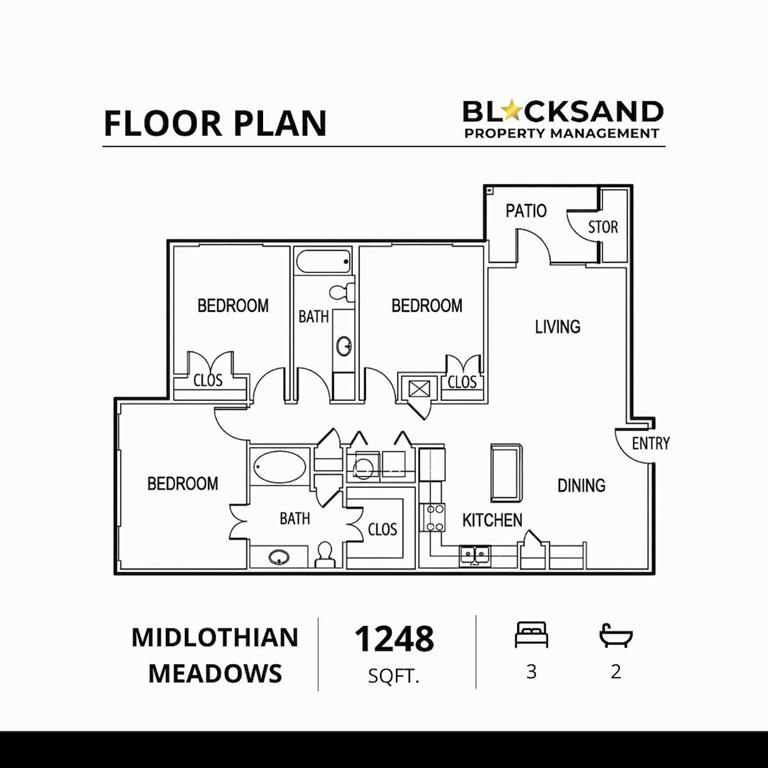 Illustrative Midlothian Meadows 3-bedroom, 2-bath, 1248-square-foot floor plan. Verify unit dimensions and orientation.