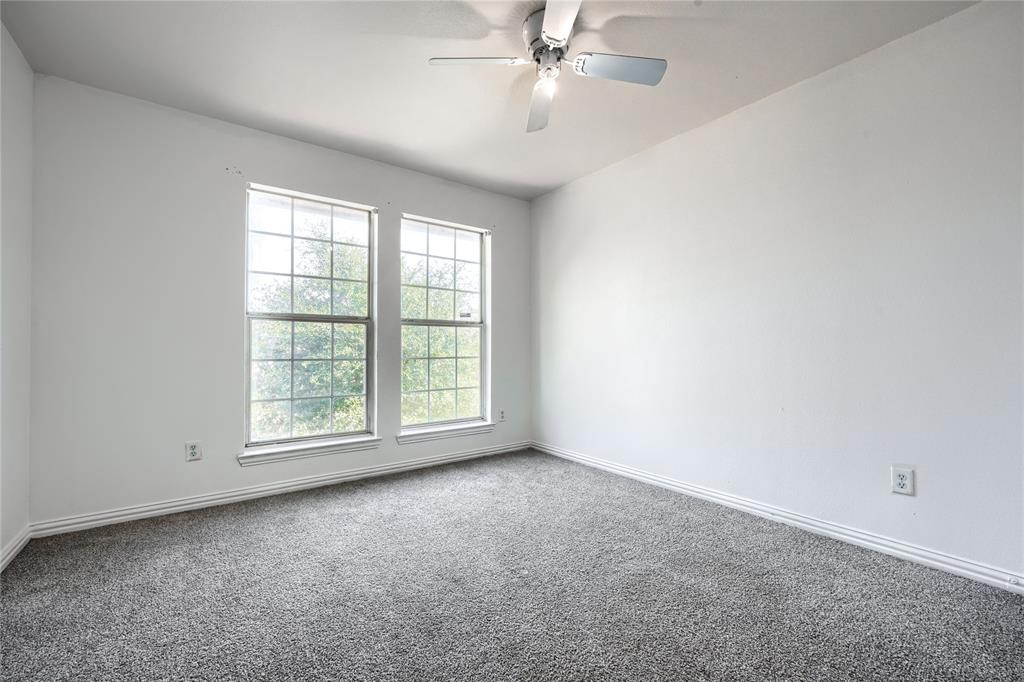 Interior room featuring neutral wall paint, wall-to-wall carpeting, dual grid-patterned windows, and a ceiling fan with integrated lighting