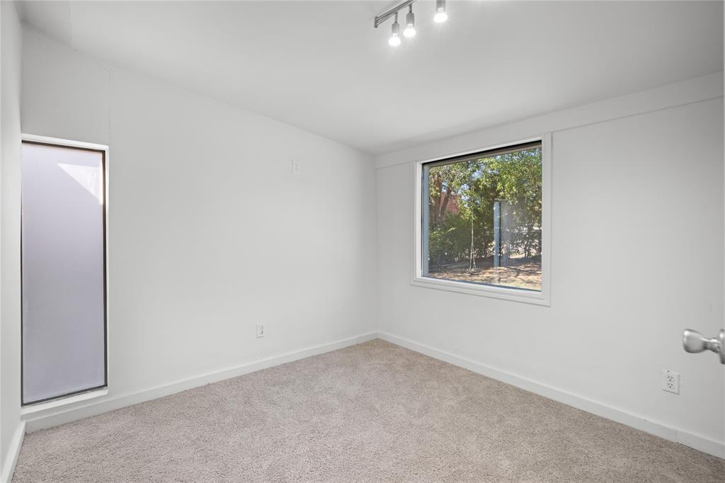 Room featuring neutral carpeting, white walls, multi-directional track lighting, and dual windows