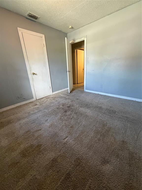 Interior space featuring neutral wall paint, carpeted flooring, and two interior doors