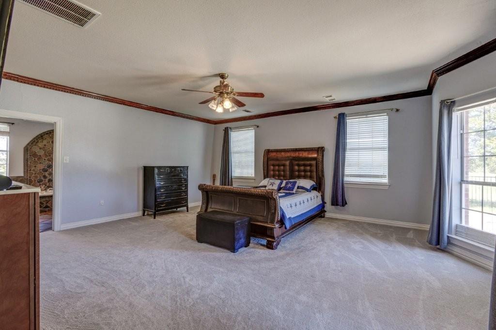 Spacious room featuring crown molding, neutral carpeting, a multi-blade ceiling fan with integrated light fixture, and large windows with horizontal blinds