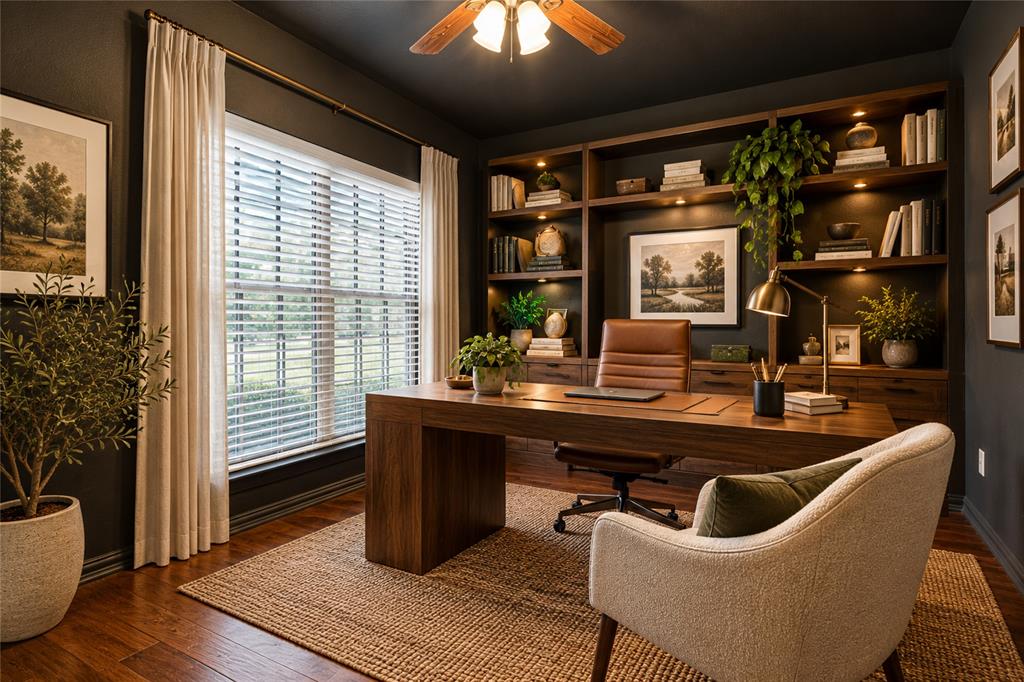 Home office with French doors. Virtually staged.
