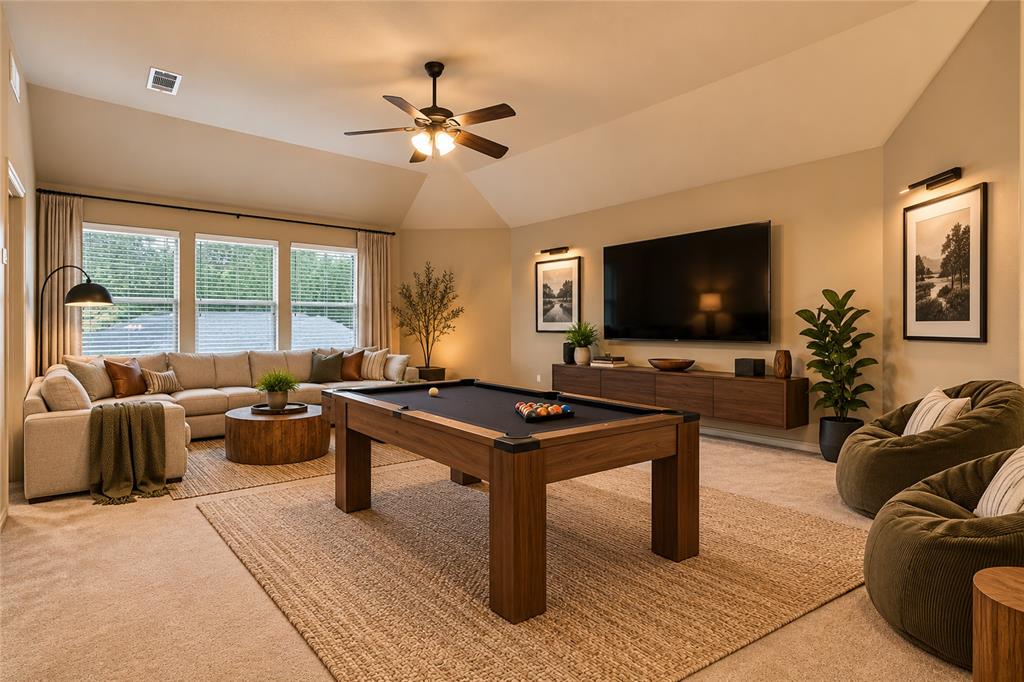 Second floor game room. Virtually staged.