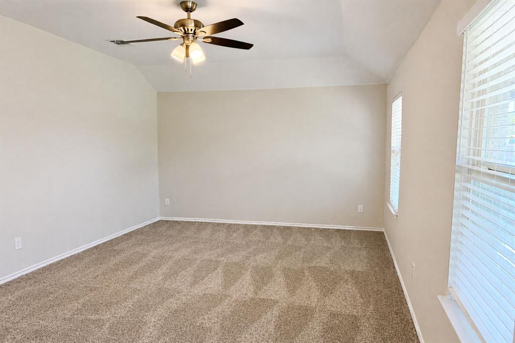 Tray ceiling with a neutral paint palette, plush wall-to-wall carpeting, and a multi-blade ceiling fan with integrated lighting