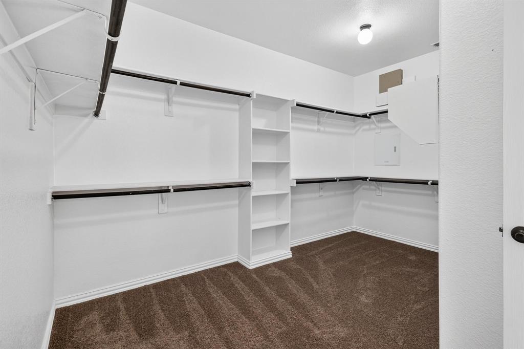 Walk-in closet featuring tiered clothing rods, integrated shelving units, and carpeted flooring