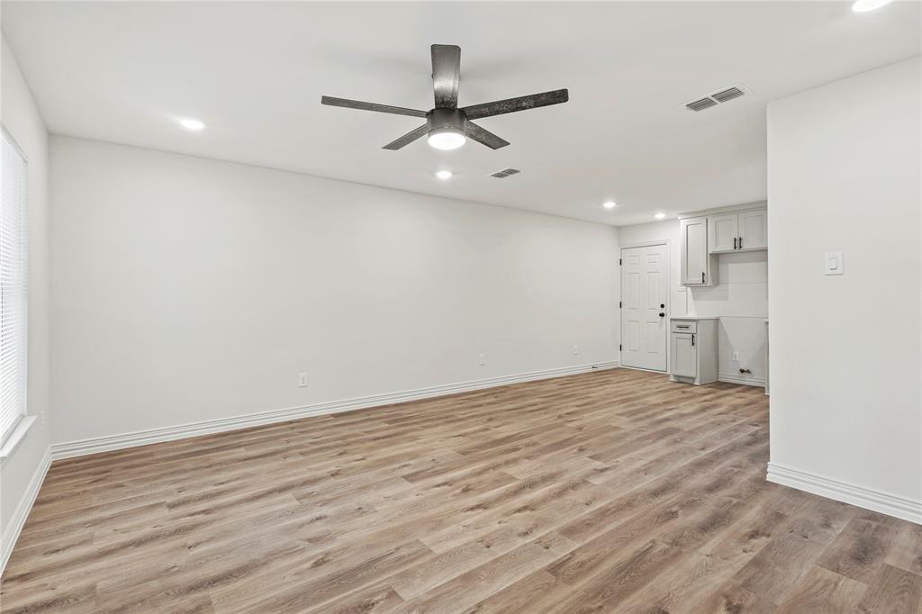 Unfurnished living room with recessed lighting, light wood finished floors, baseboards, and ceiling fan Unfurnished living room with recessed lighting, light wood finished floors, baseboards, and ceiling fan