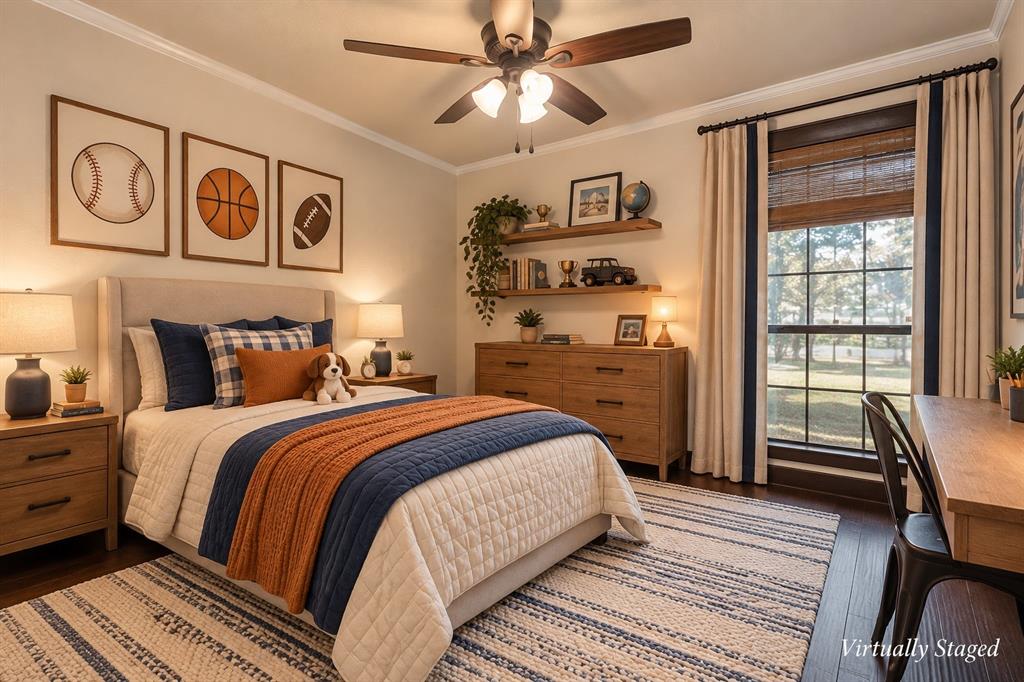 Room featuring wood-finish flooring, a multi-pane window with wood-frame blinds, crown molding, a central ceiling fan with integrated lighting, and dual wall-mounted floating shelves