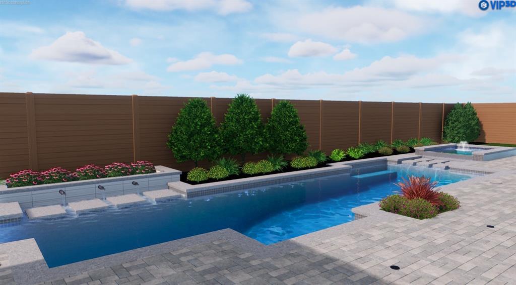 Swimming pool featuring integrated water features, tanning shelf with stone fountain jets, and elevated spa, surrounded by stone-paver hardscaping and horizontal privacy fencing