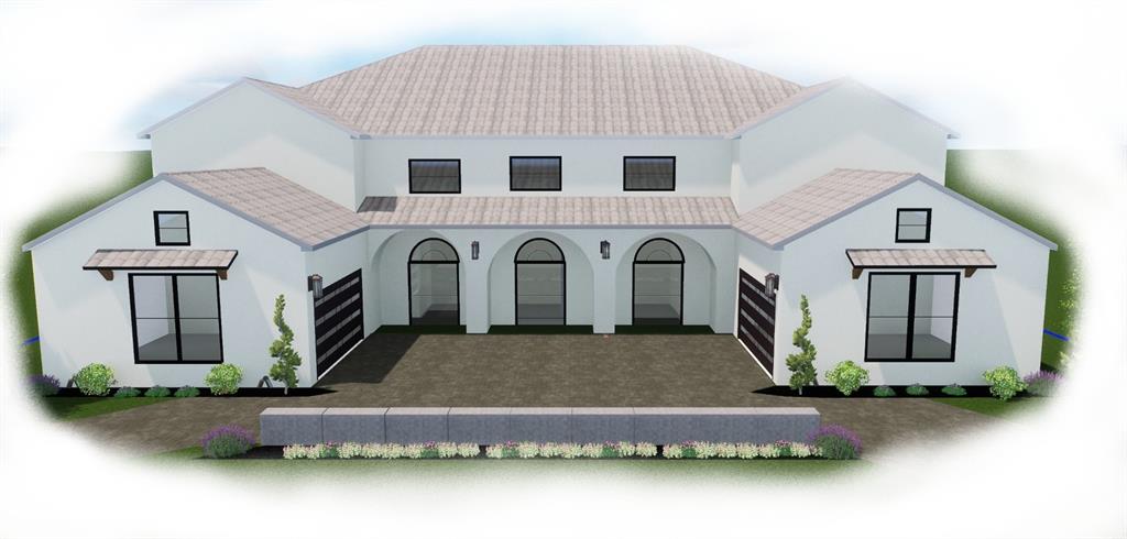 Stucco exterior featuring an arched portico, dual garages with horizontal paneled doors, and a multi-gabled roofline
